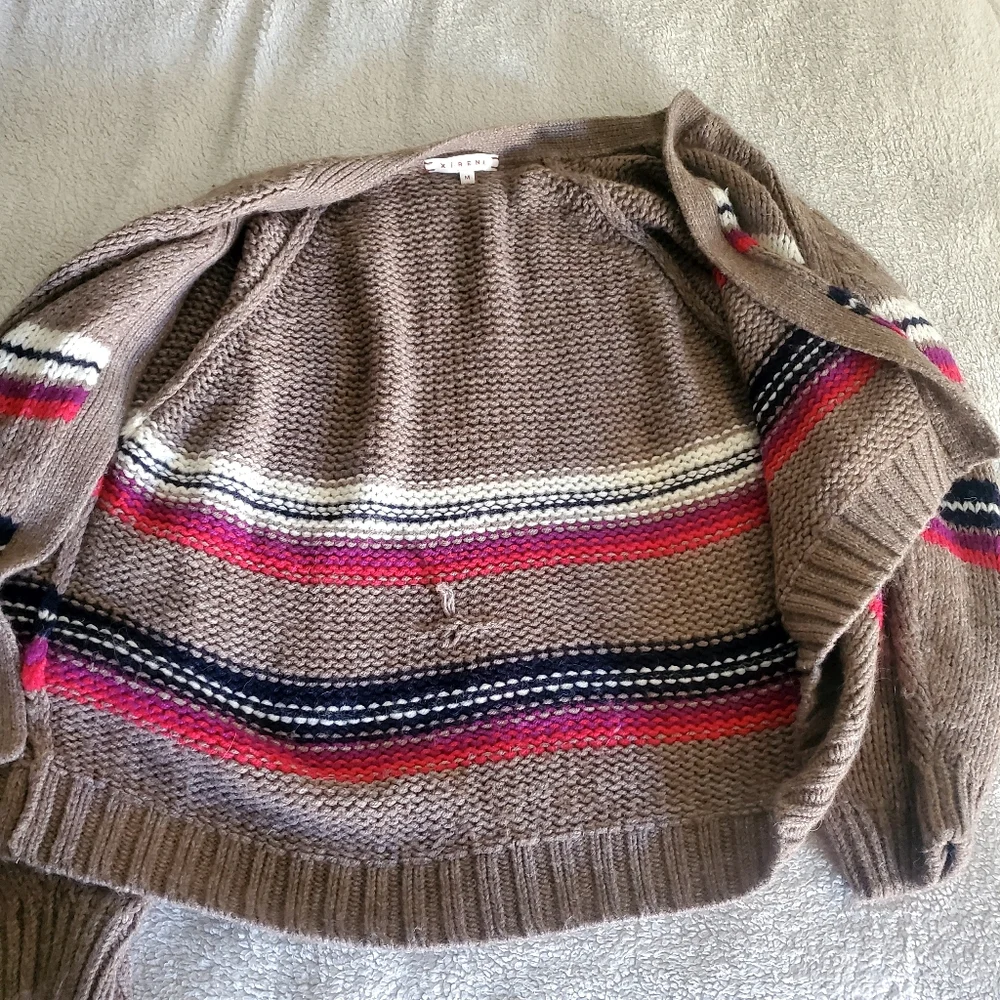 XíRENA Open‎ Cardigan Brown Striped Alpaca Blend Preppy Grampacore Boho FLAW